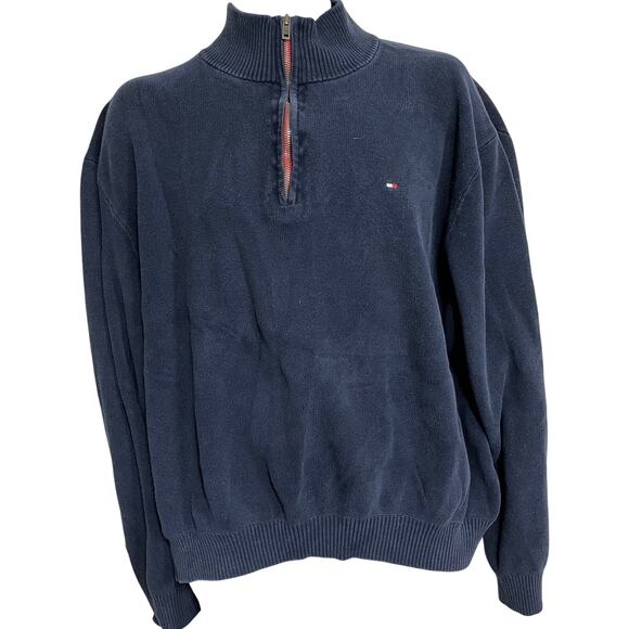 Tommy Hilfiger Sweater XXL Blue 1/4 Zip 100 Cotton Academia Mock Neck Minimalist - Picture 1 of 5